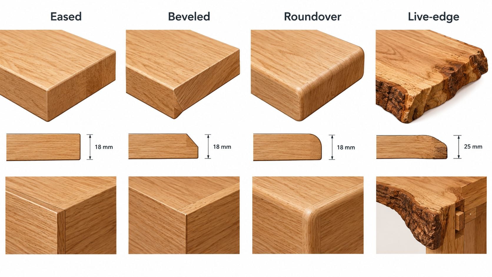 A comparison guide showing four different wood edge profiles: Eased, Beveled, Roundover, and Live-edge for furniture.