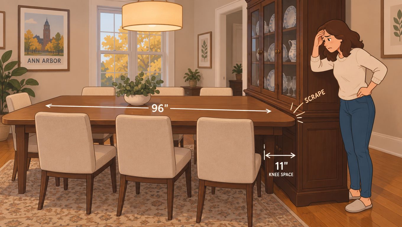 A woman stands beside a custom wood table top that scrapes against a large dining room cabinet.
