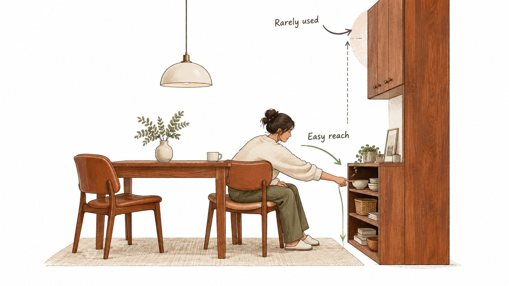 A woman sitting at a dining table reaching for an item in a wooden storage cabinet.