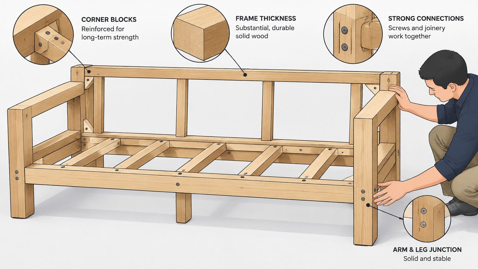 A person inspecting the sturdy wooden frame of a sofa highlighting corner blocks and durable joints.