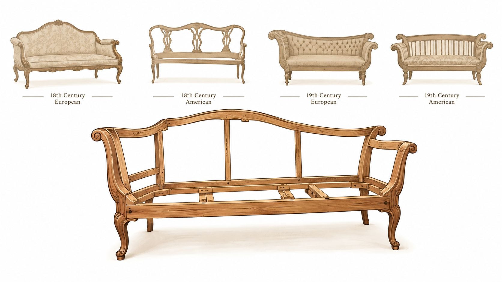 A diagram comparing four historic sofa styles with a detailed view of an exposed wooden sofa frame.