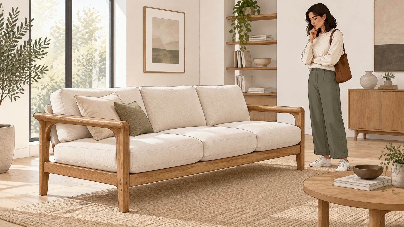 A woman stands in a bright, minimalist living room featuring a stylish light-colored sofa with an exposed wood frame.