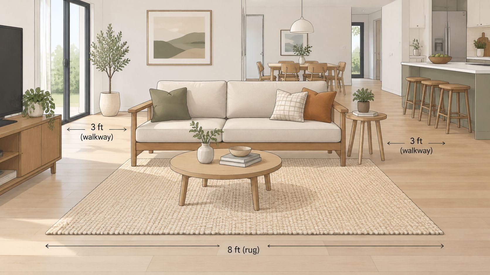 A minimalist living room featuring a cozy exposed wood frame sofa with neutral cushions and area rug.