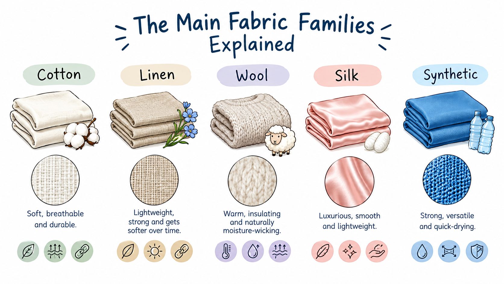 An infographic showing the five main fabric families including cotton, linen, wool, silk, and synthetic materials.
