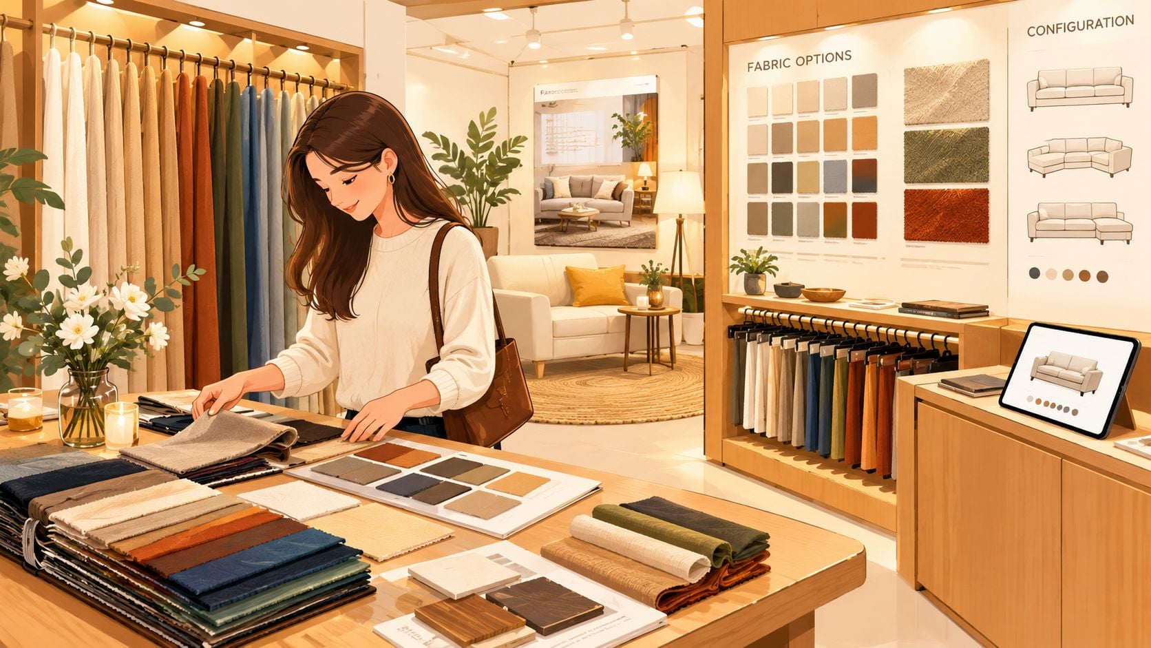 A woman selecting fabric swatches for custom sectional sofas in a modern furniture showroom interior.
