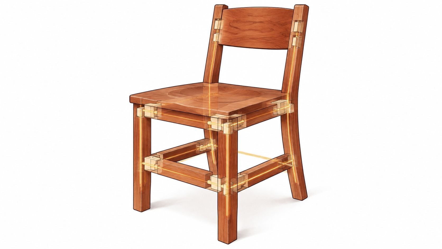 A detailed technical illustration of a wooden chair highlighting its structural joinery and internal construction methods.