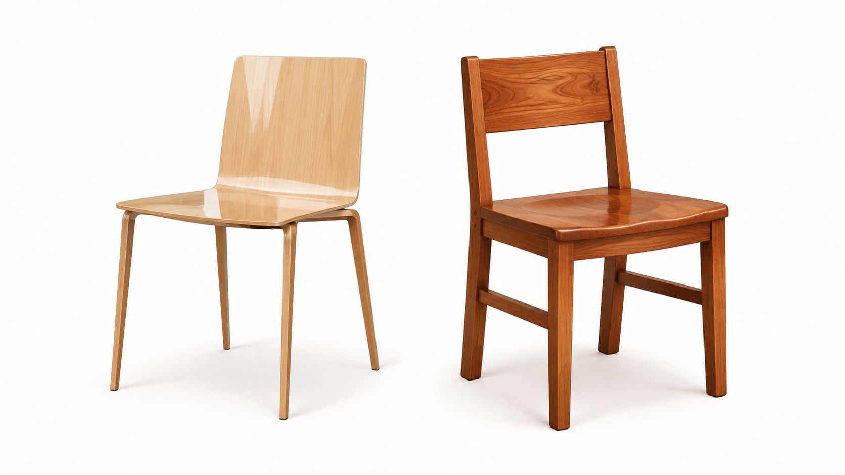 A minimalist light wood chair beside a traditional darker wooden dining chair against a white background.