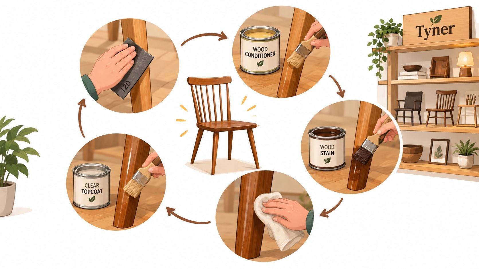 An illustrated step-by-step guide on how to refinish and stain a wooden chair for home projects.