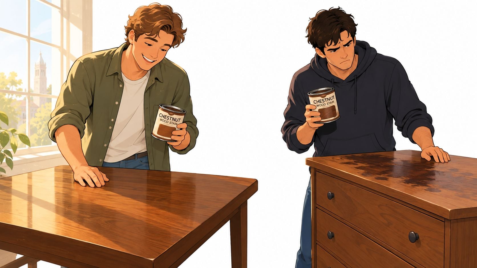 Two men evaluating furniture stain options, one with a table and one working on a damaged dresser.