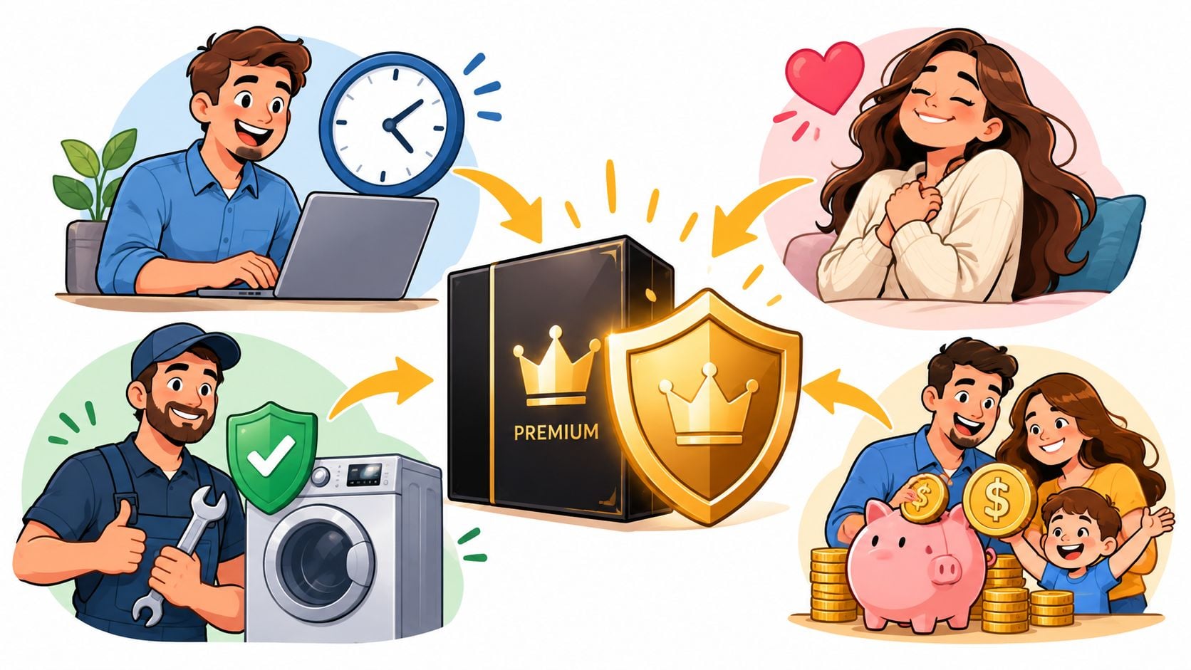 A conceptual illustration showing premium services providing time, happiness, home maintenance, and financial savings for families.