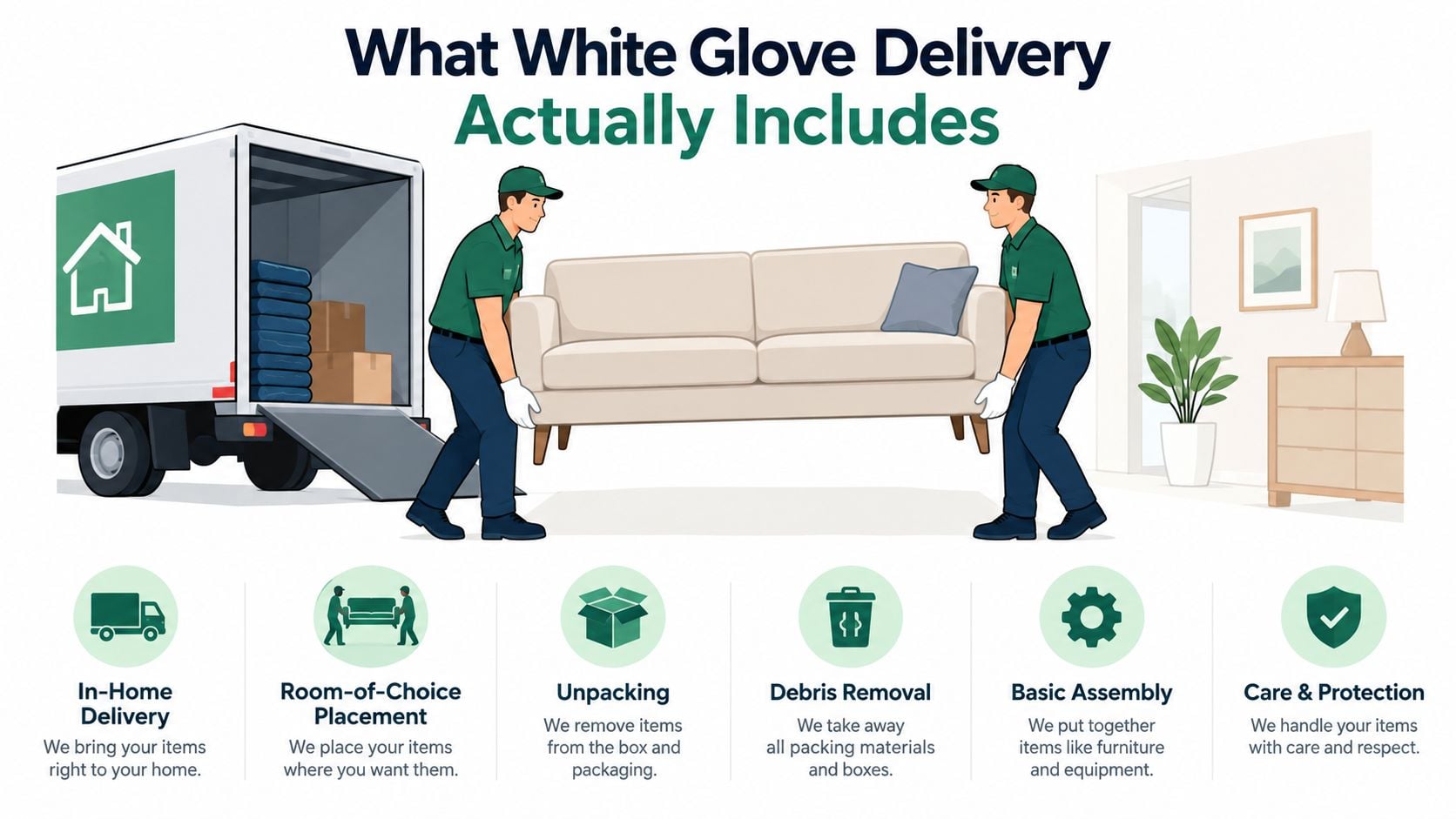 An infographic showing two delivery workers moving a sofa to illustrate the services of white glove delivery.
