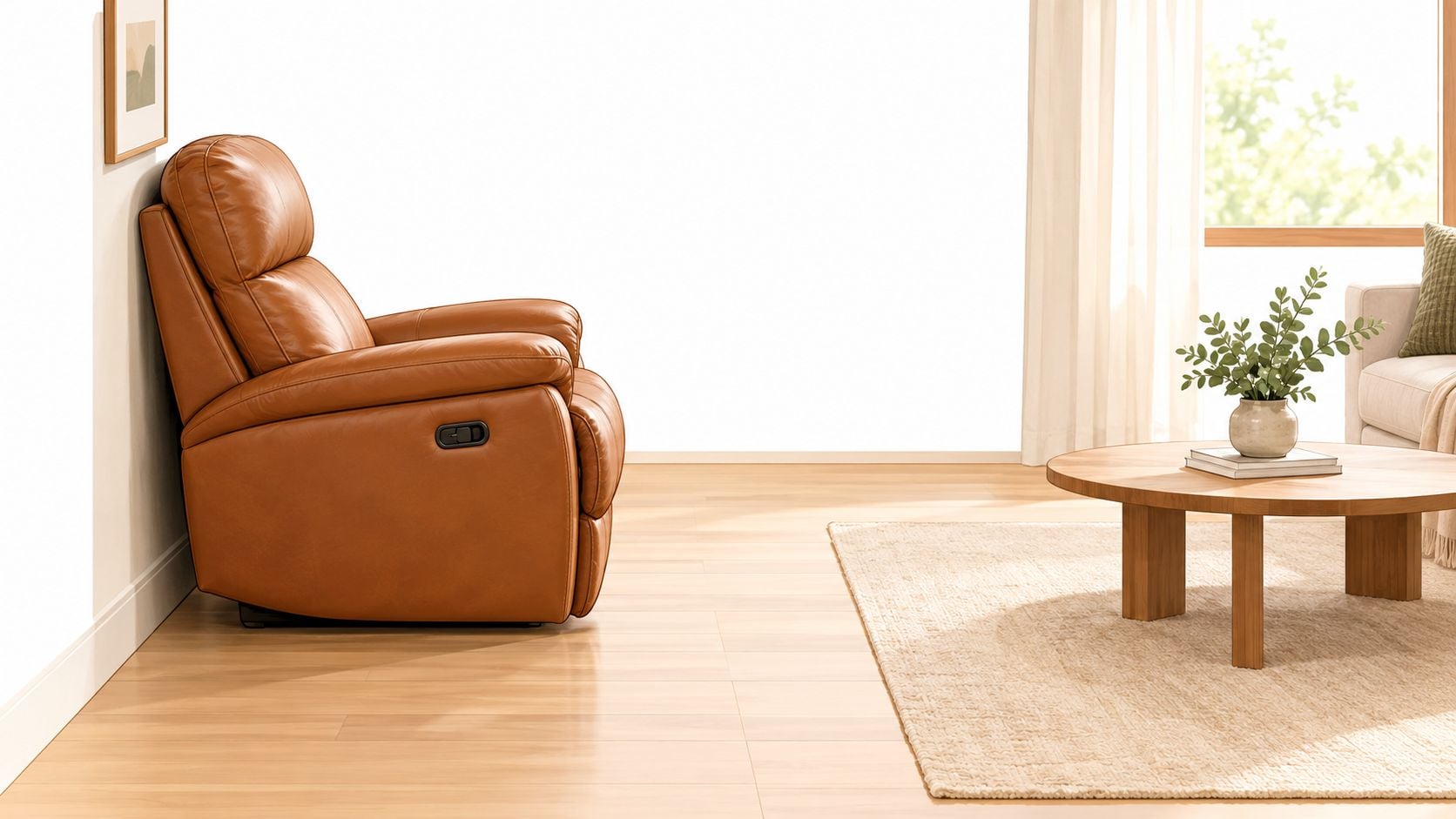 A modern tan leather wall-hugger recliner chair sits in a bright, minimalist living room with a wooden table.