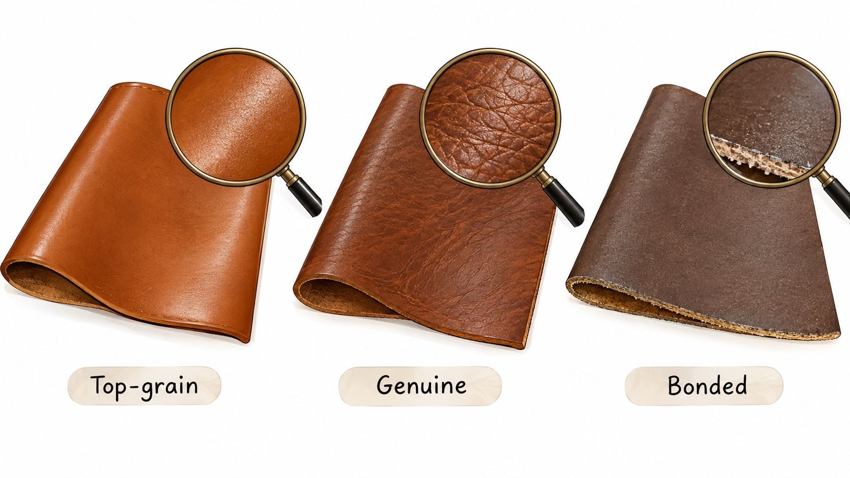 Three samples of leather materials labeled as top-grain, genuine, and bonded with magnifying glass close-up views.