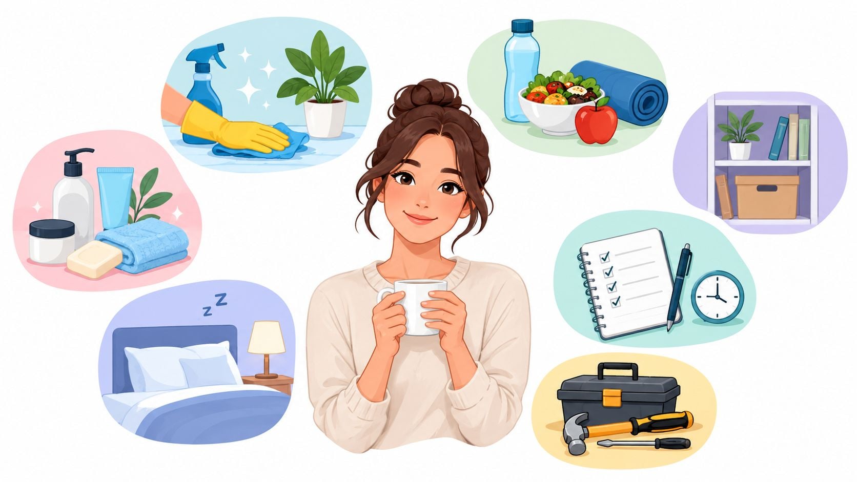 A woman holding a coffee cup surrounded by icons representing daily household chores, wellness, and self-care routines.