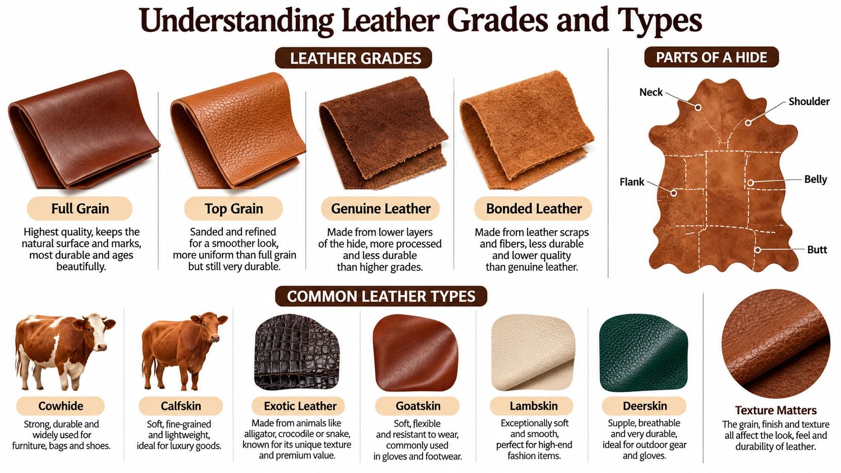 An infographic detailing different leather grades, common animal leather types, and parts of an animal hide.