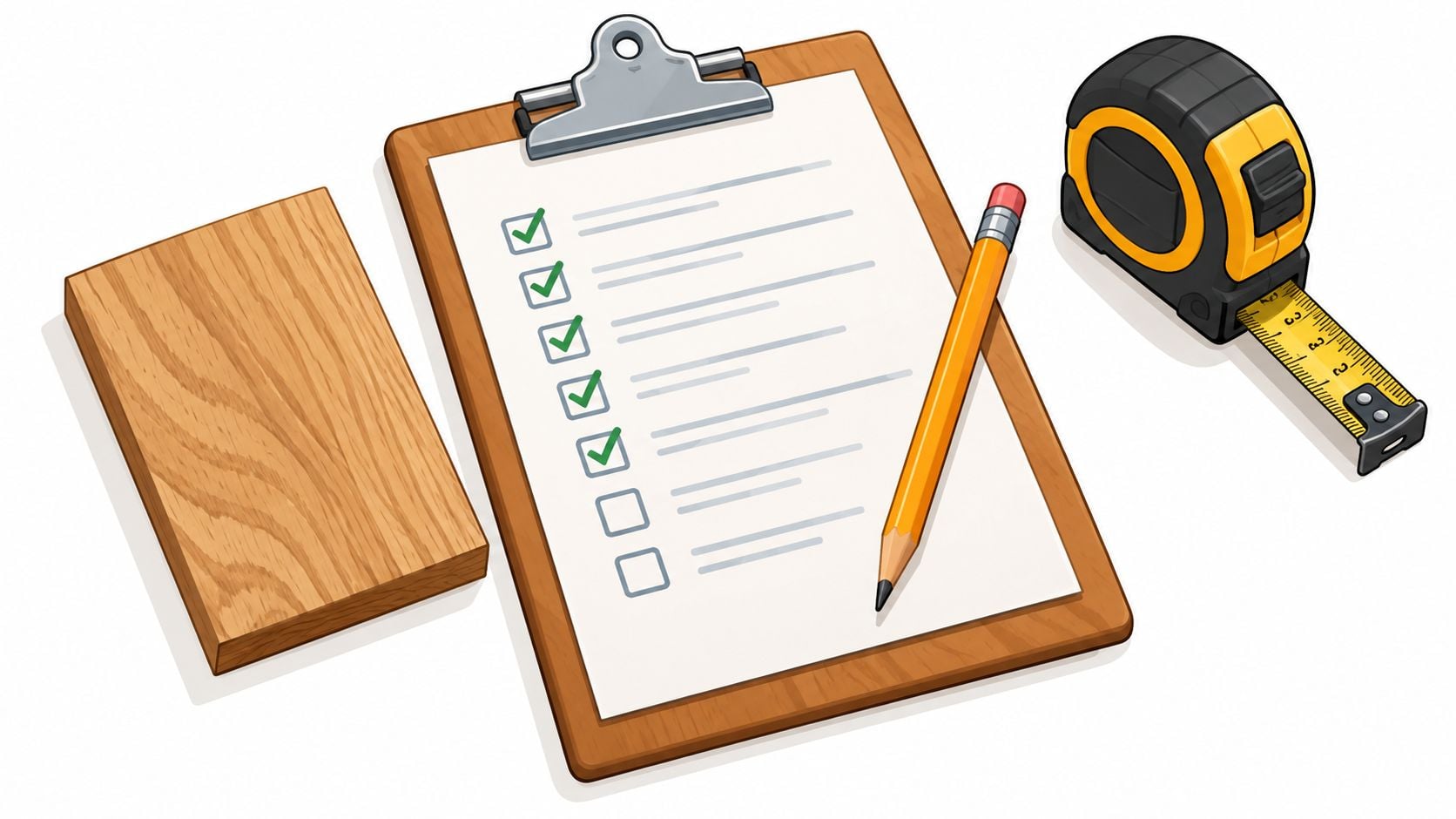 A wooden clipboard with a checklist, a yellow pencil, and a tape measure on a table.