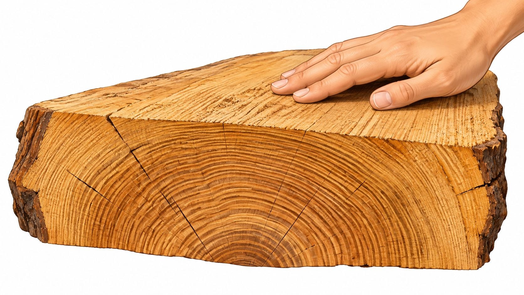 A human hand rests on the textured surface of a large, freshly cut natural oak wood log.