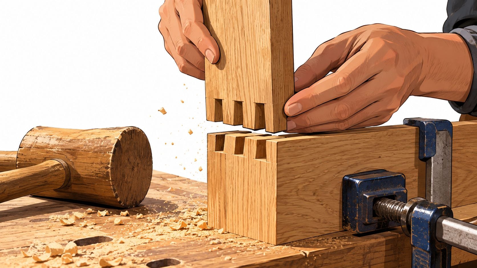 A woodworker carefully aligning dove-tail joints on a piece of high quality oak lumber on a workbench.