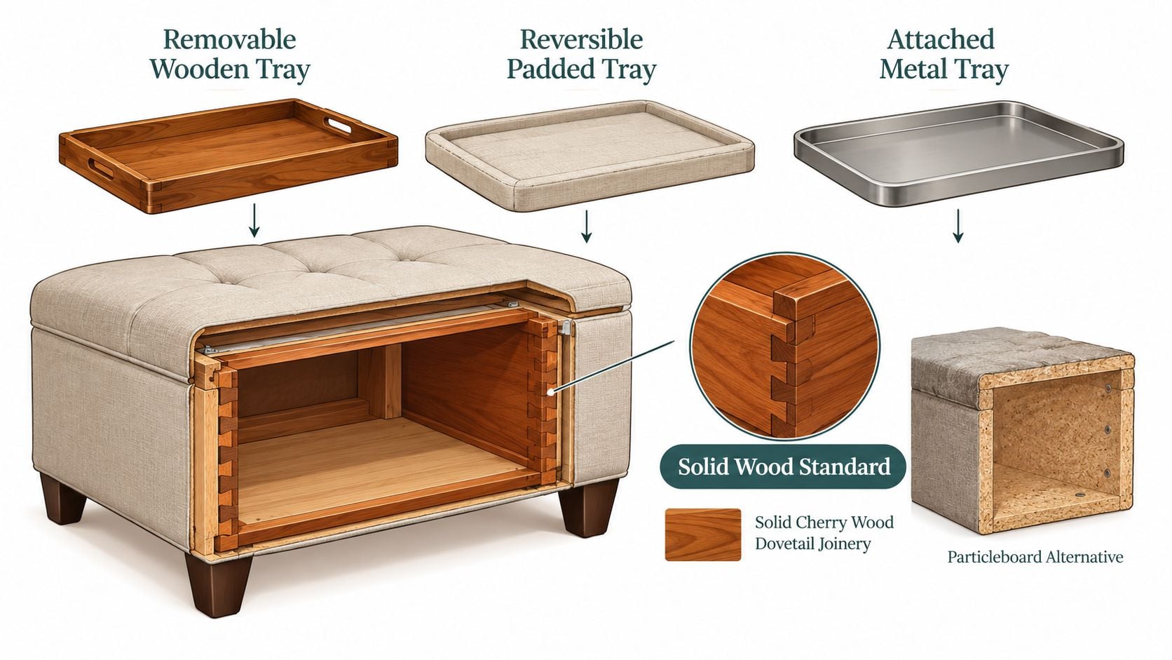 A diagram comparing construction features of ottomans with tray tops, highlighting solid wood versus particleboard materials.