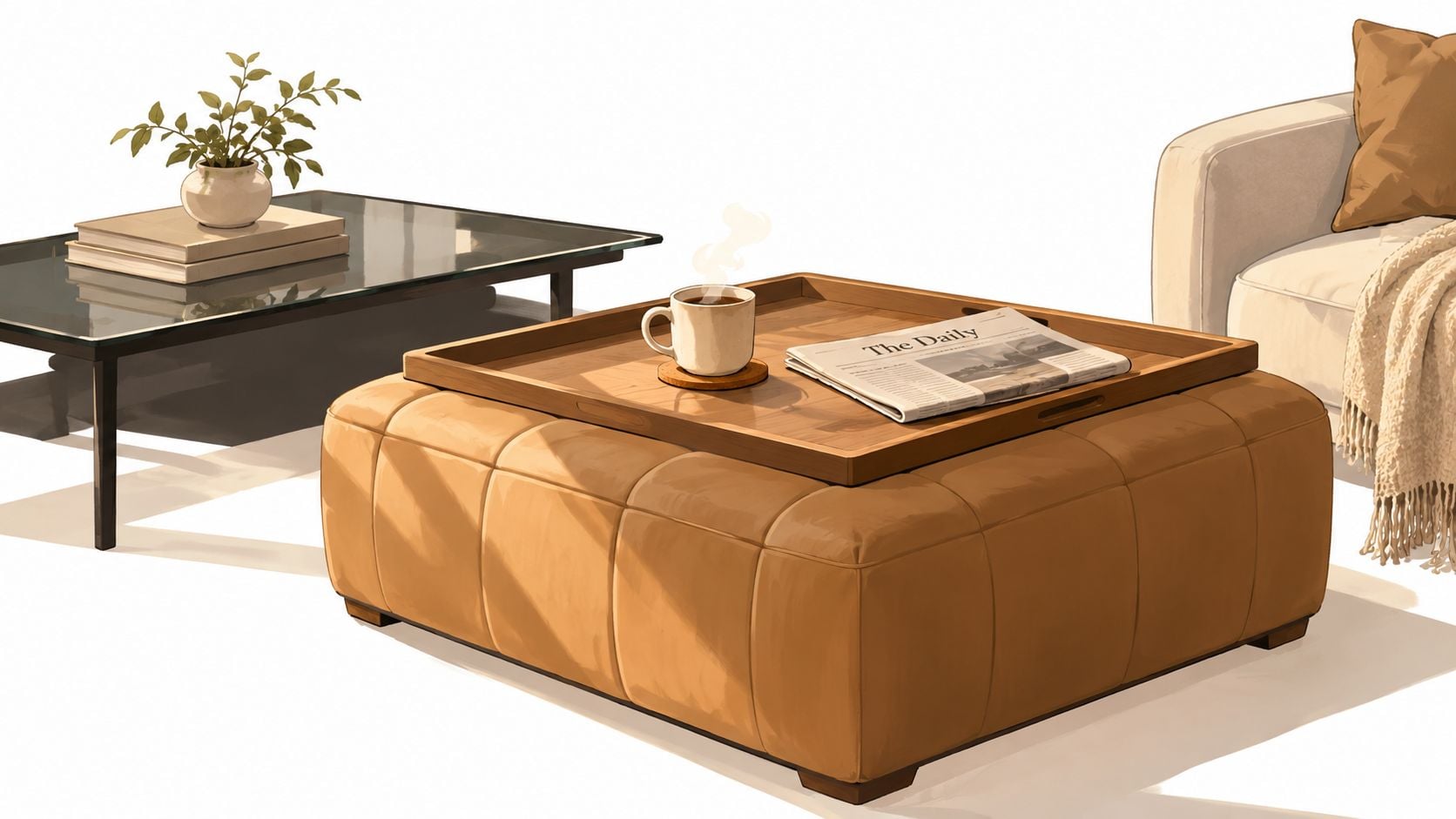 A leather tufted ottoman serving as a coffee table with a wooden tray, coffee, and newspaper.