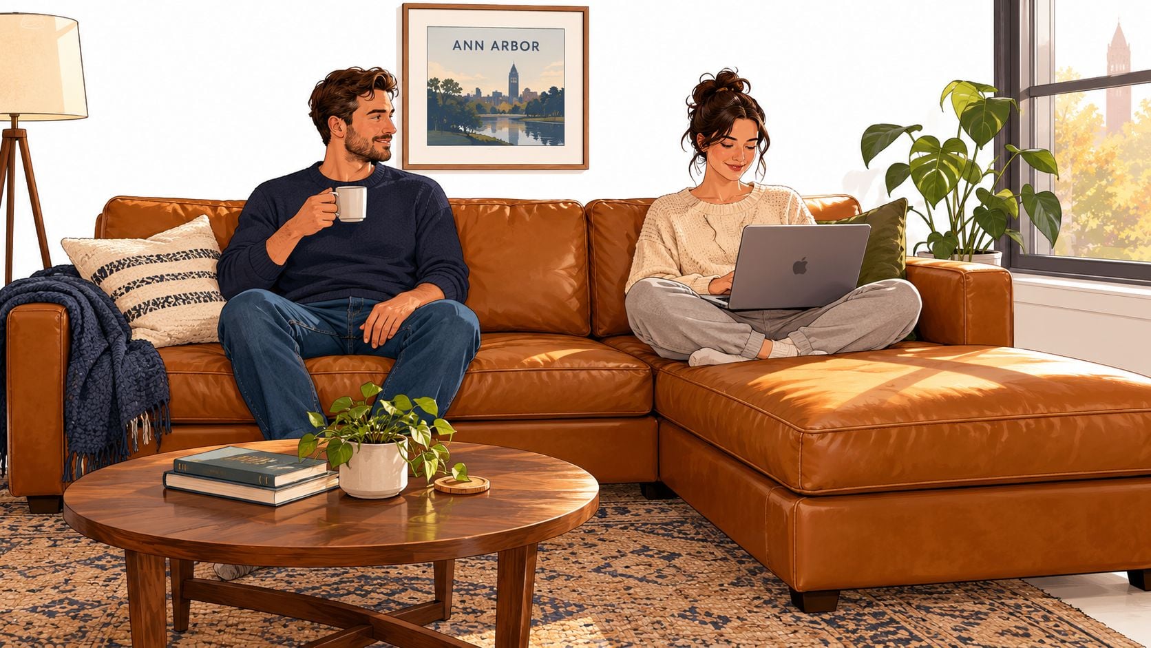 A couple relaxing on a comfortable tan leather sectional sofa in a sunlit living room at home.