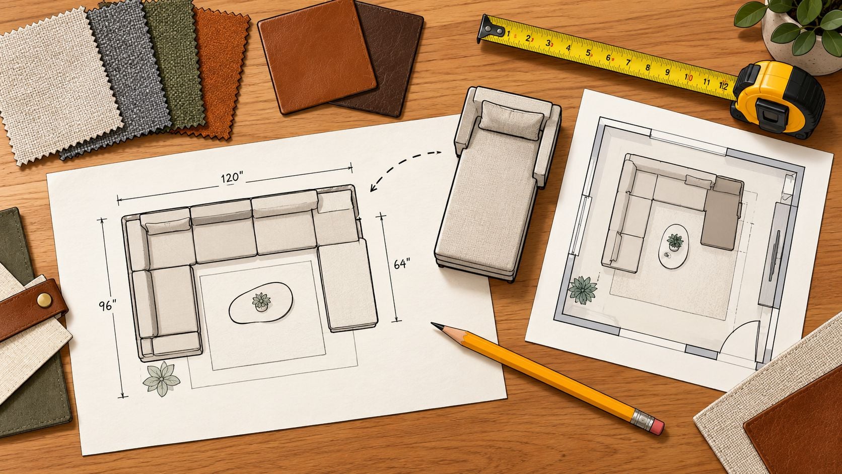 A professional interior design plan for sectional leather sofas with chaise arranged on a wooden drafting table.