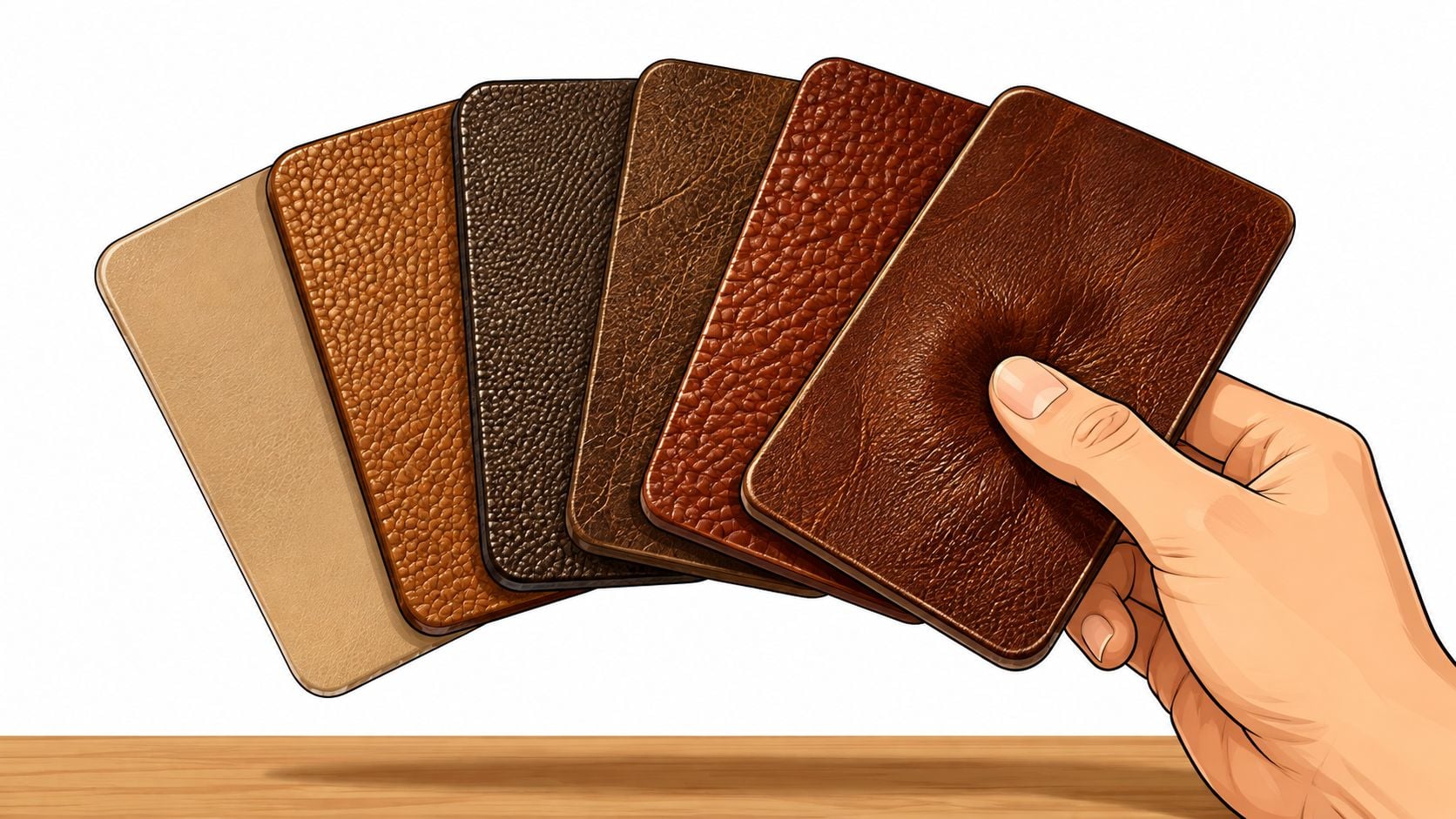 A human hand holding a fan of various brown leather swatches showing different textures and grain patterns.