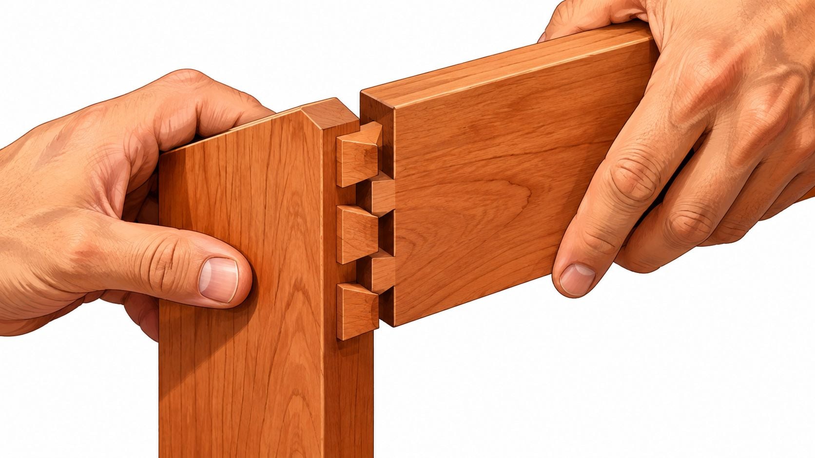A craftsman's hands fit together two pieces of solid cherry wood using a traditional dovetail joinery technique.