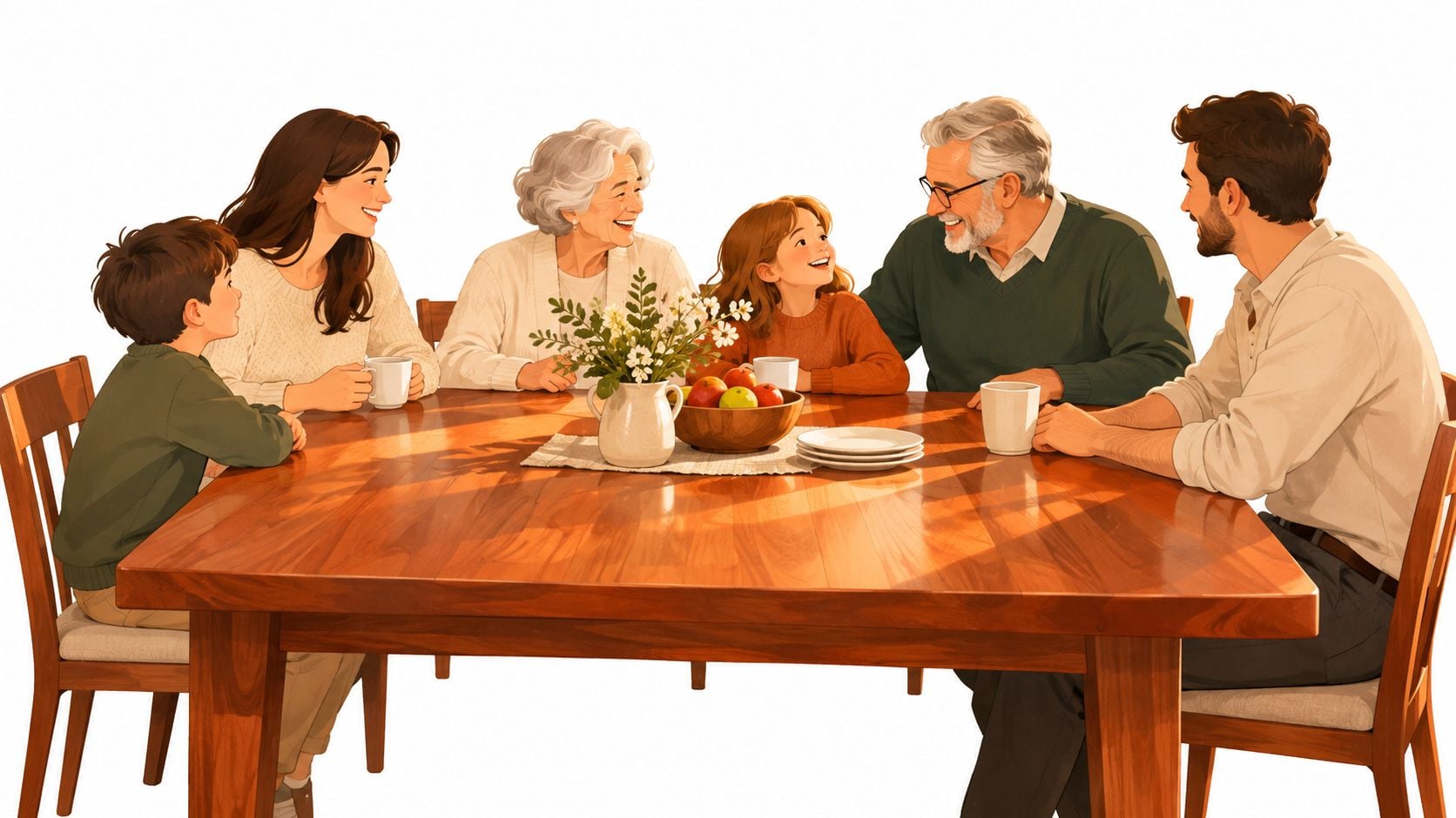 A multi-generational family sitting around a solid cherry wood dining table enjoying a warm, sunny conversation.