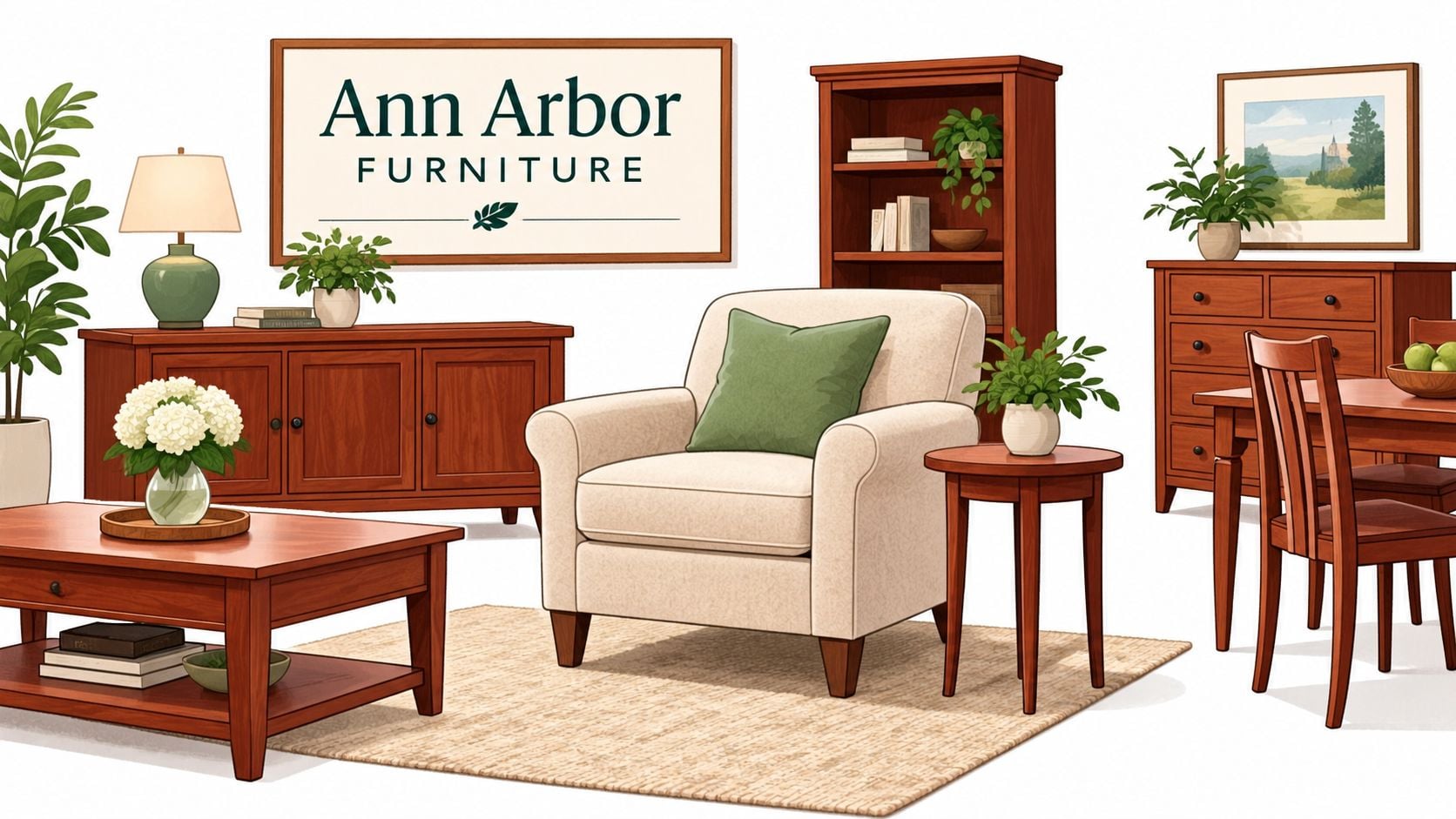 A cozy living room setting showcasing elegant solid cherry wood furniture pieces against a clean white background.