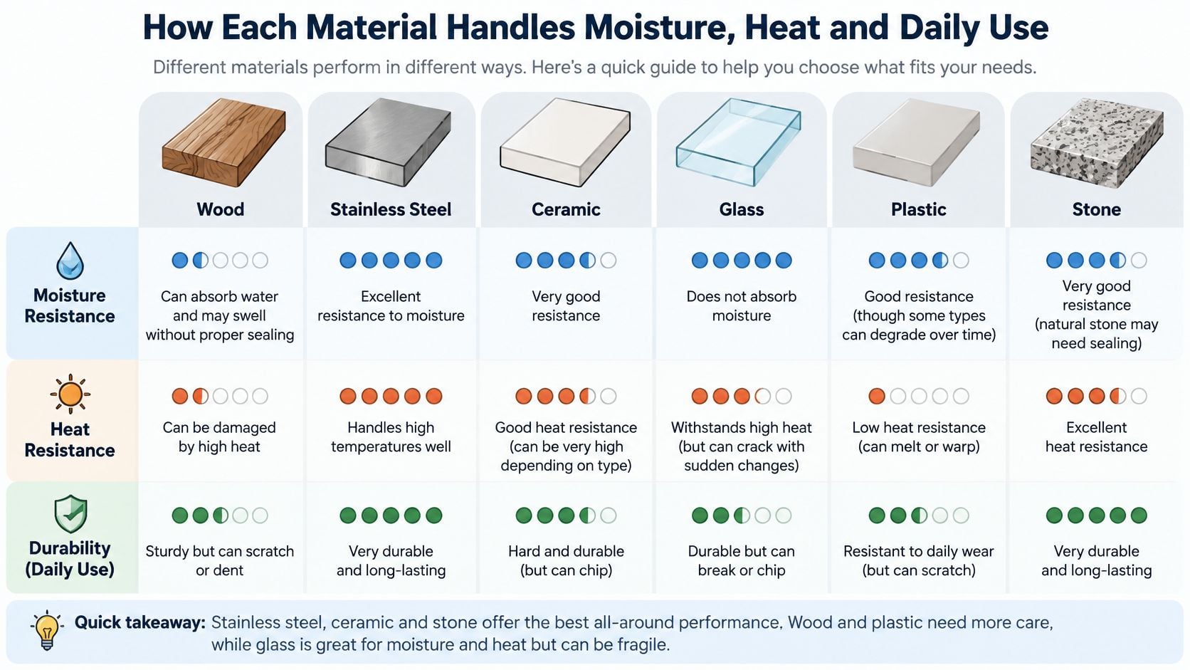 A comparison chart showing how wood, stainless steel, ceramic, glass, plastic, and stone handle moisture, heat, and wear.