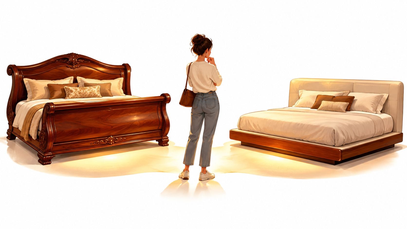 A woman stands between a traditional wooden sleigh bed and a modern upholstered platform bed deciding.