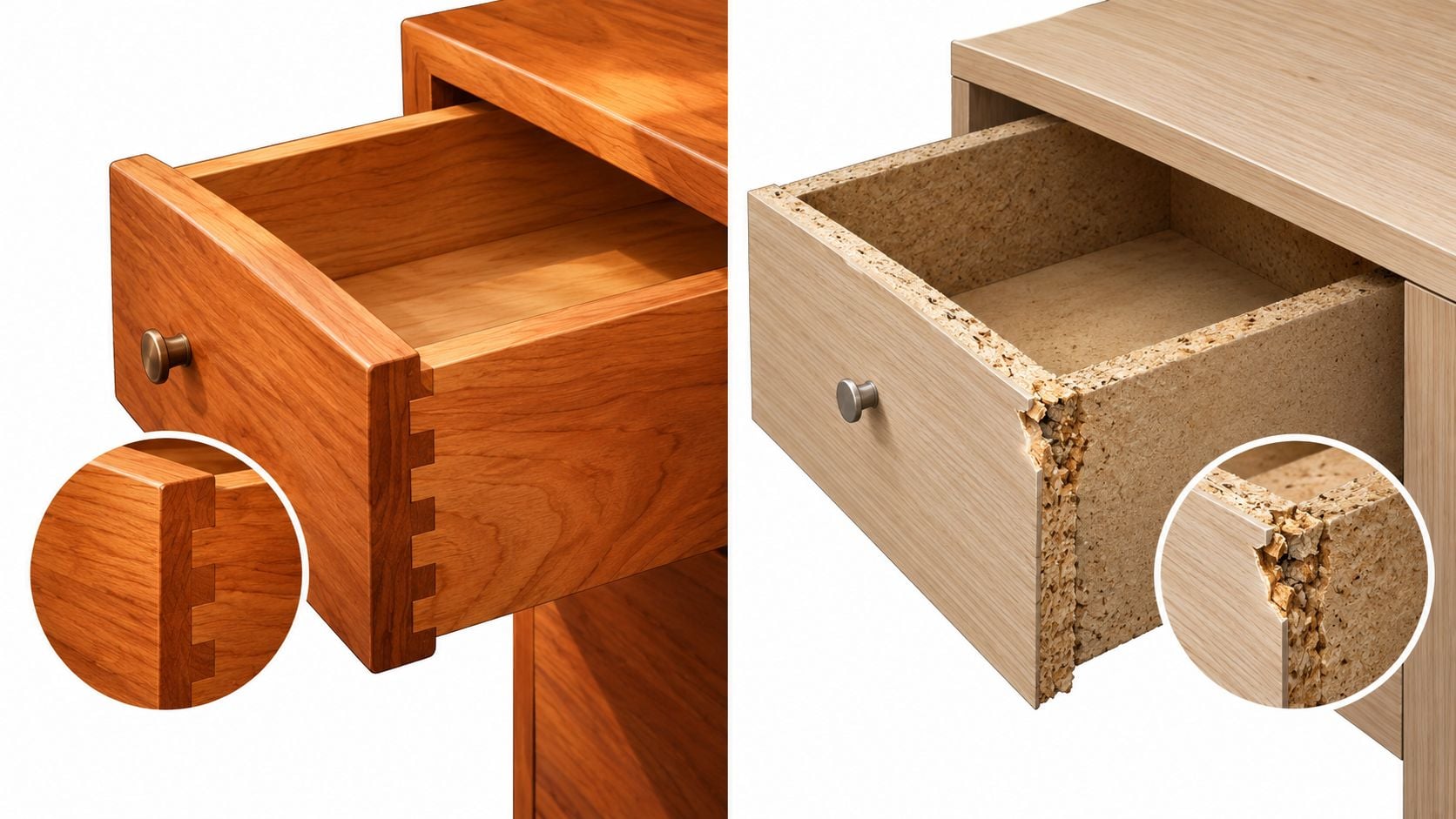A side-by-side comparison showing a high-quality dovetail wooden drawer versus a low-quality particle board drawer.