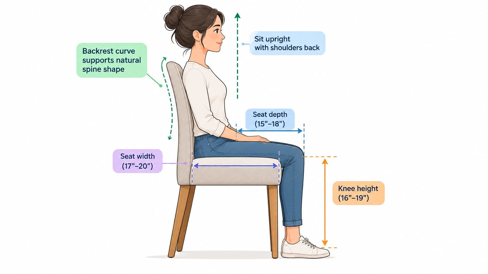 A woman sitting on a beige upholstered dining chair with labels showing ideal ergonomic measurements and posture.