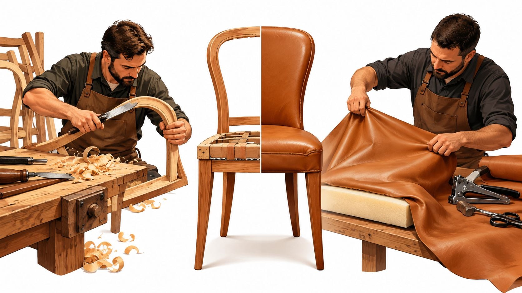 A craftsman working on furniture by carving a wooden chair frame and upholstering a padded seat.