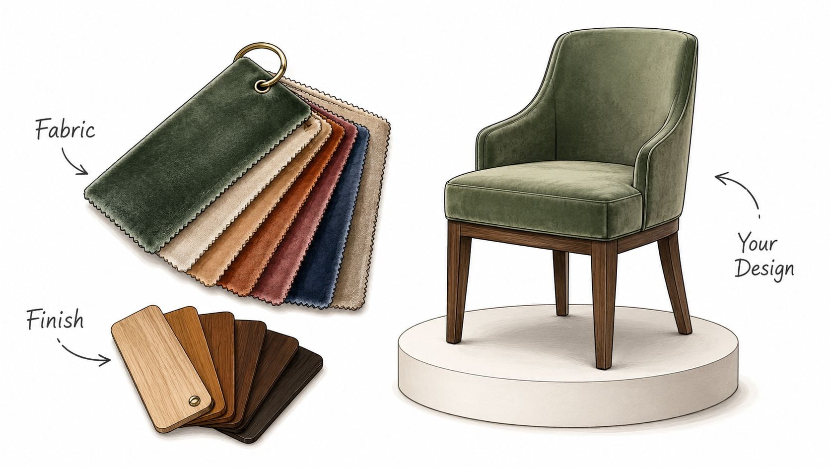 An illustration showing a custom upholstered dining chair with fabric swatches and wood finish samples for design.