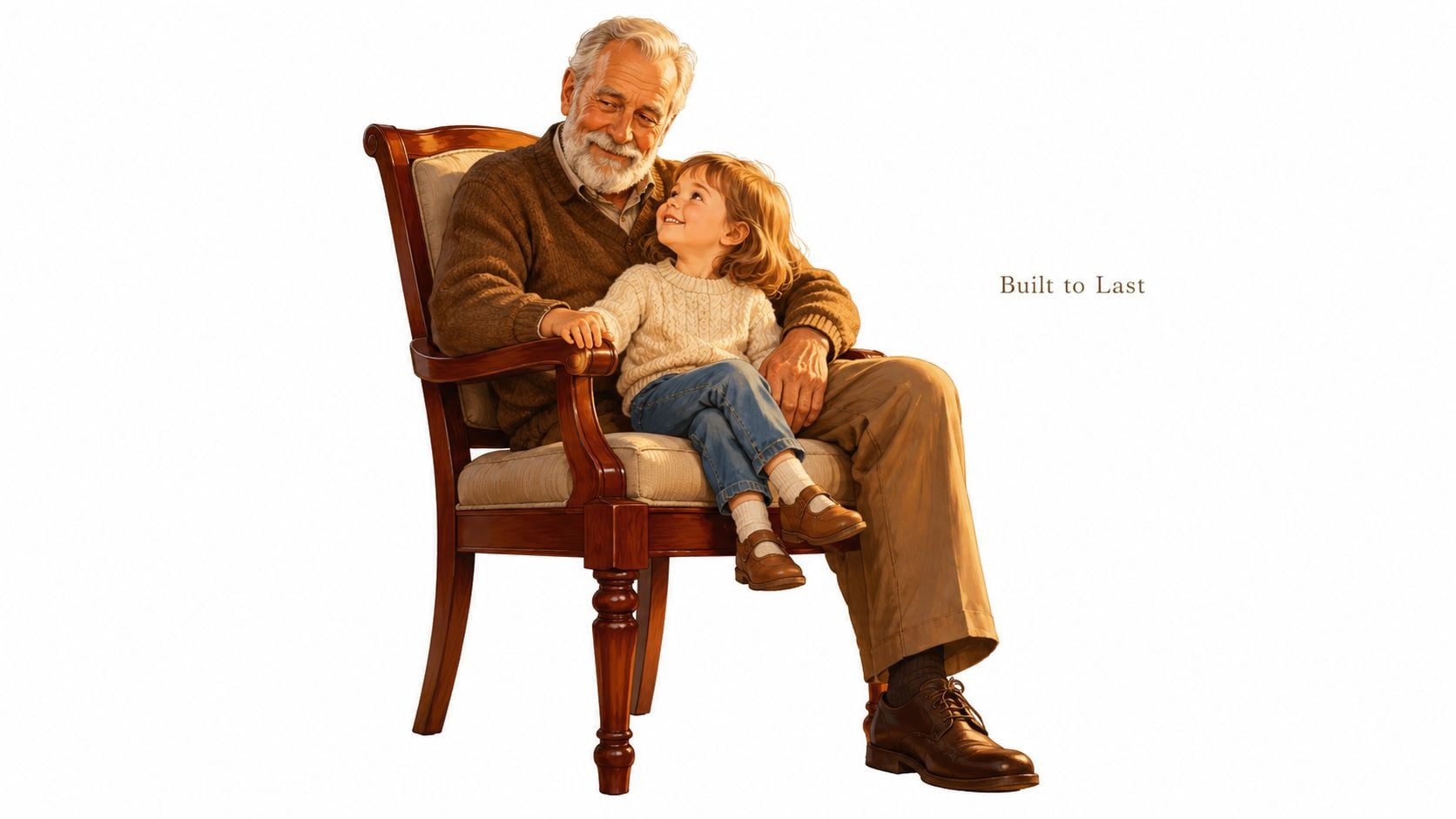 An elderly man sitting in a comfortable upholstered armchair while affectionately holding a small girl.