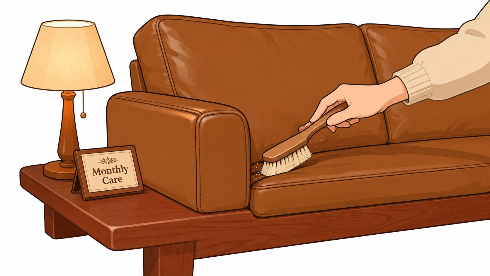 A hand using a soft brush to clean debris from the crevices of a brown leather couch.
