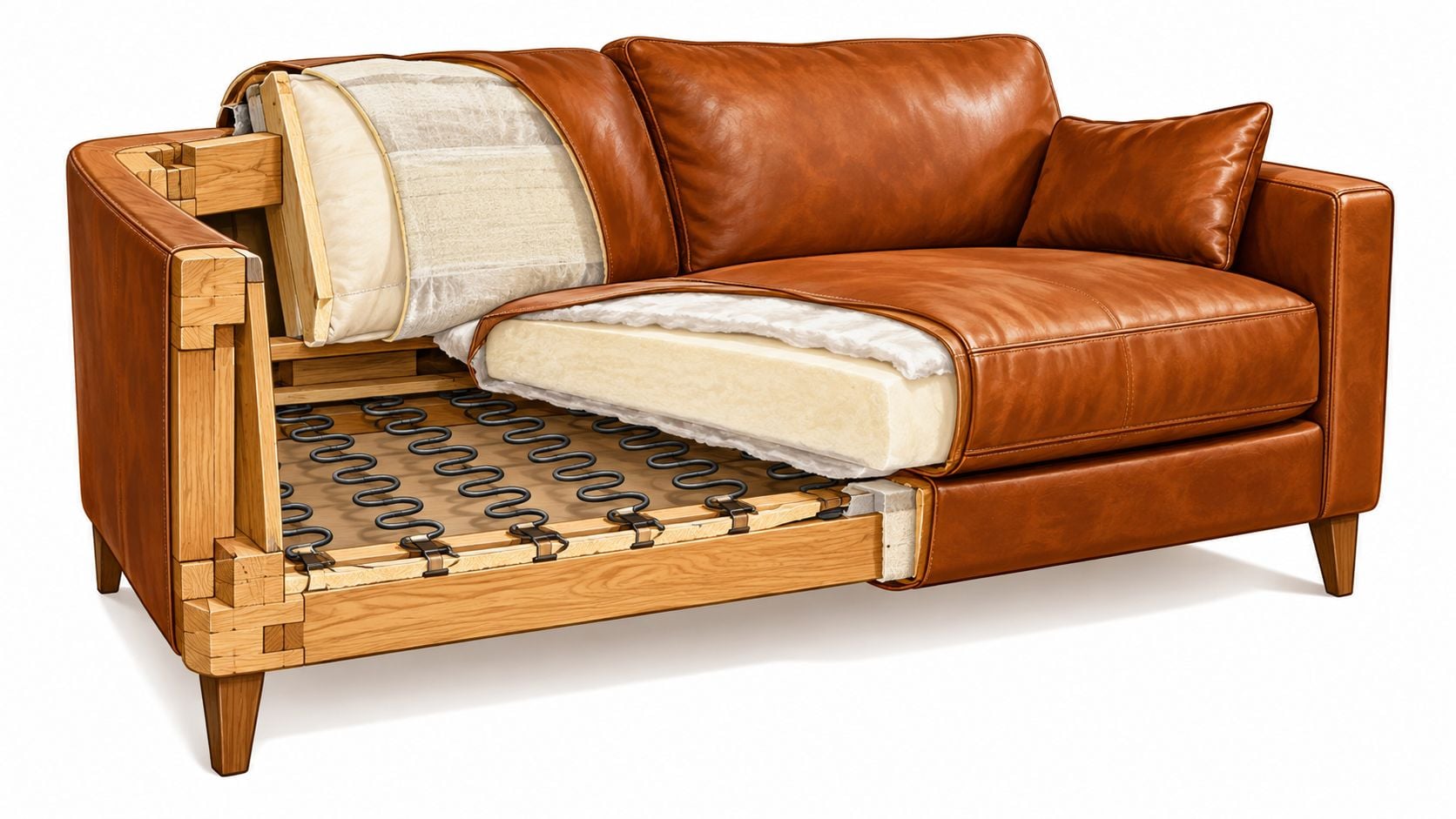 A cutaway view showing the inner construction, wooden frame, springs, and foam padding of a leather couch.