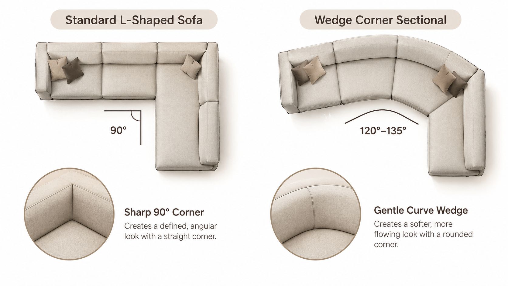 A top-down comparison between a standard L-shaped sofa and a wedge corner sectional, showing their corner angles.