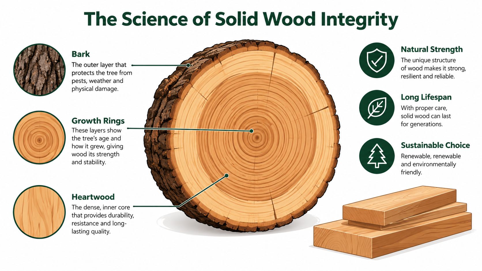 An infographic detailing the biological structure of wood, including layers like bark, growth rings, and dense heartwood.