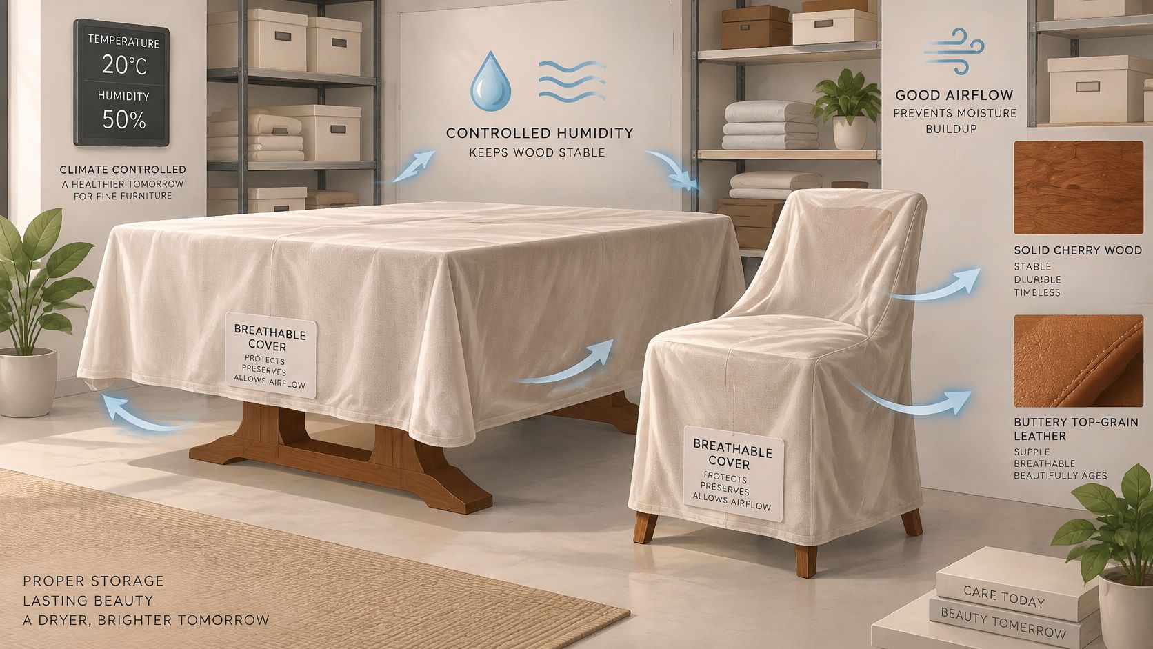 Fine furniture preserved with breathable covers in a climate-controlled storage room for long-term protection.