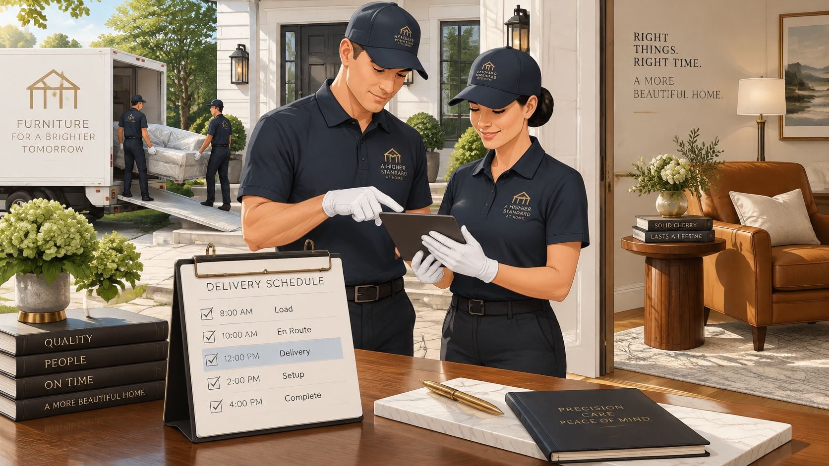 Two professional movers in navy uniforms checking a delivery tablet next to a furniture delivery schedule.