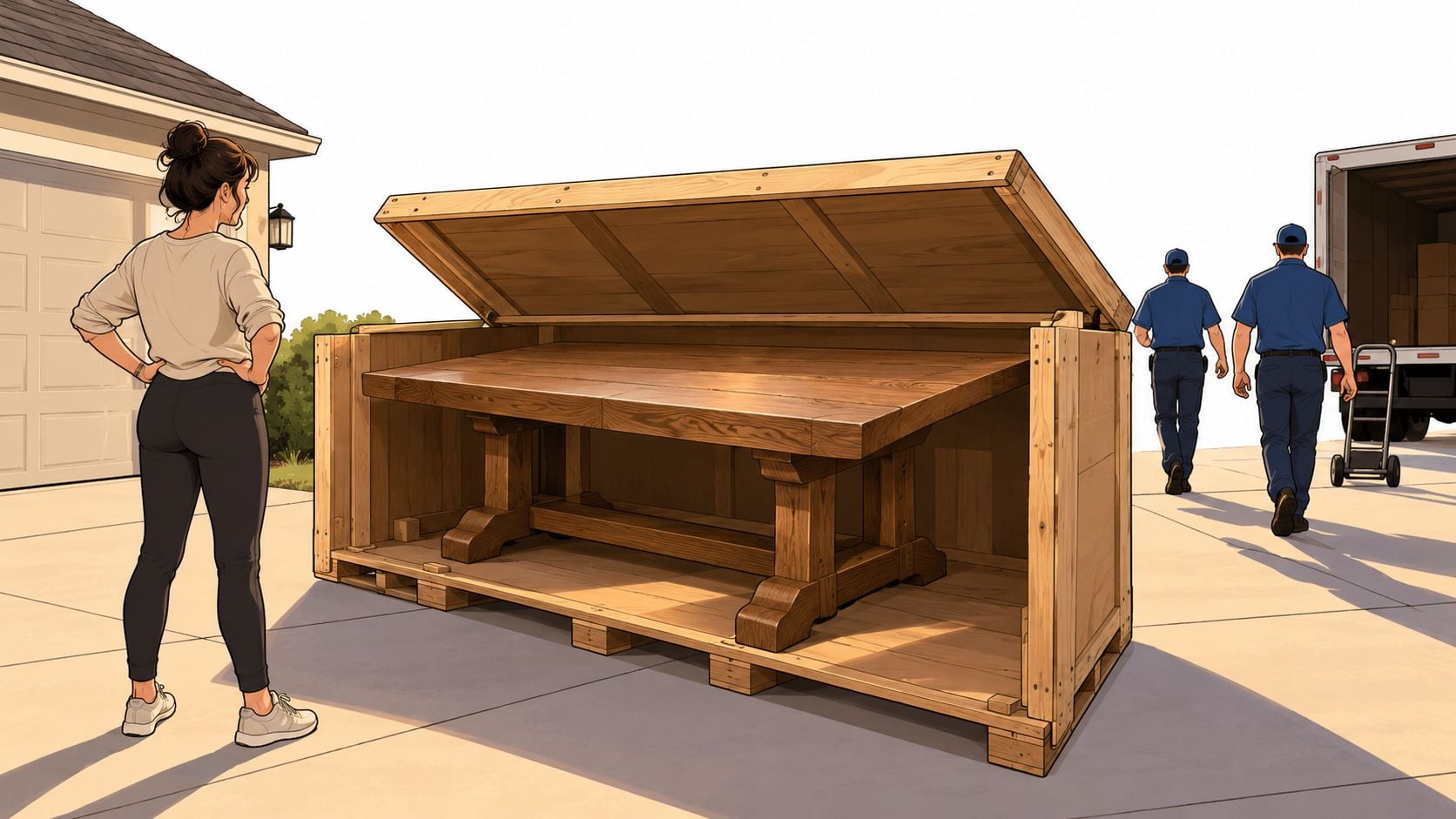 A woman stands in a driveway watching delivery workers unload a large wooden table from a crate.
