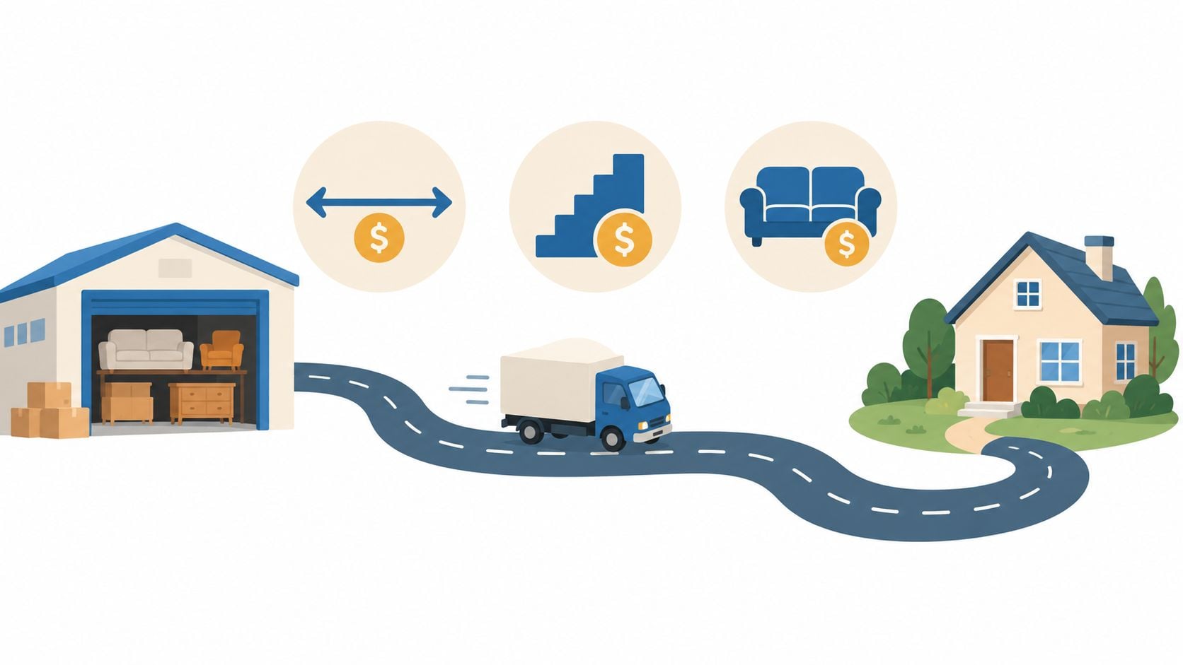An illustration showing a warehouse, a moving truck, and a house, representing moving services and cost factors.