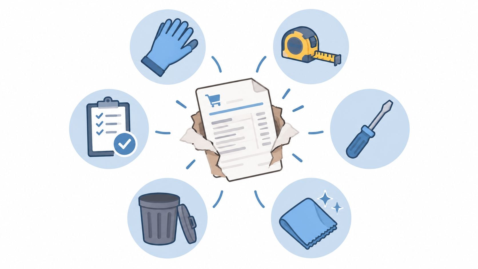 A central order list surrounded by icons including protective gloves, measuring tape, a screwdriver, a cleaning cloth, and bin.