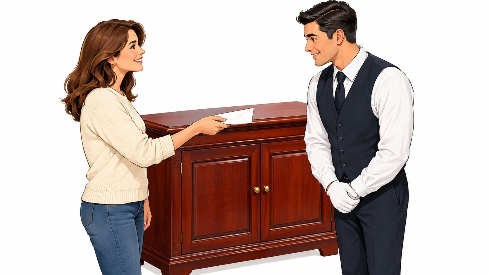 A woman handing a white envelope to a professional butler wearing white gloves near a wooden cabinet.