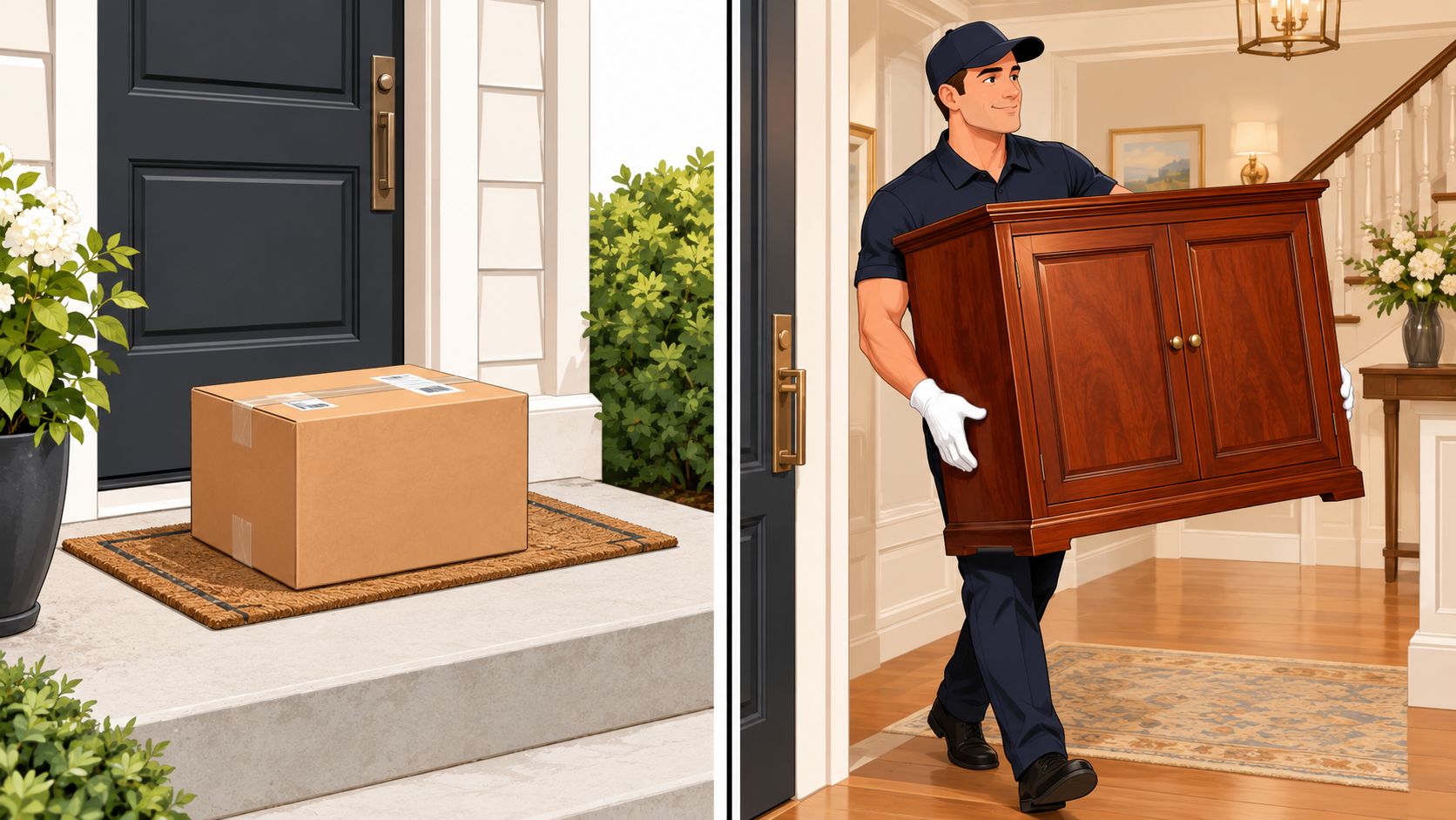 A split-screen view showing a cardboard package on a doorstep and a mover delivering a wooden cabinet.